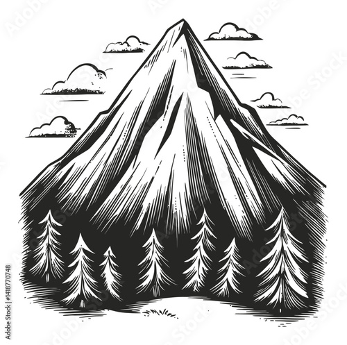 Mountain Landscape Drawing with Trees and Clouds in Vintage Style