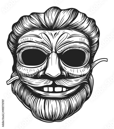 Detailed Engraving of a Classic Mask with Intricate Features