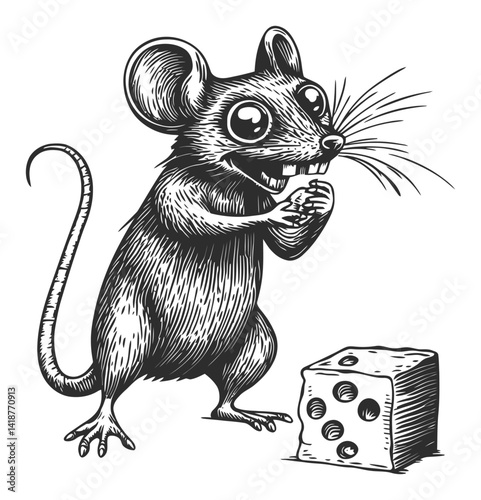 Vintage Engraving of a Playful Mouse with Cheese Delight