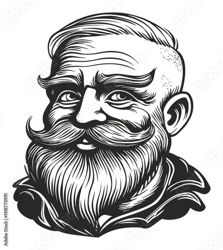 Intricate Black and White Engraving of a Bearded Man with Mustache