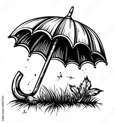 Detailed Engraving of Classic Umbrella with Grass and Leaves