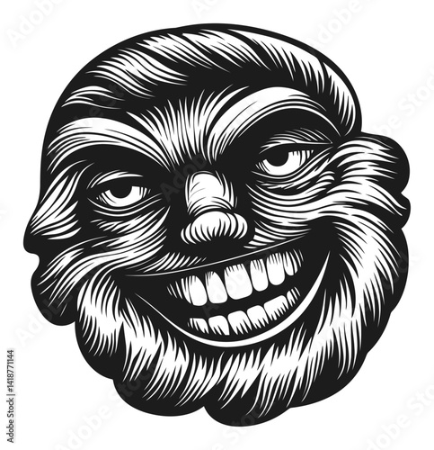 Engraved Woodcut Style Bearded Face with Unique Expression