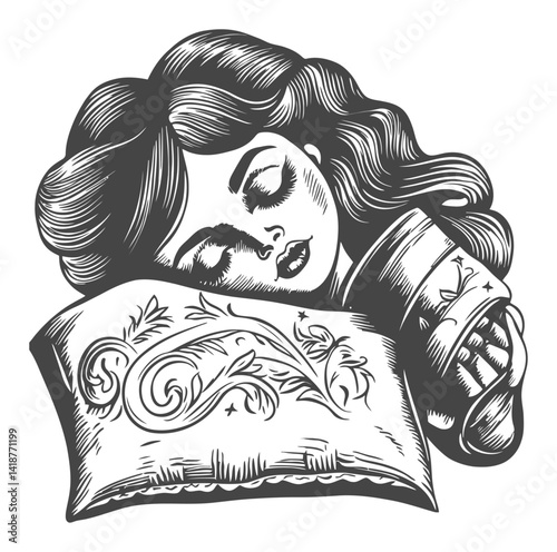 Dreaming Woman Engraving with Decorative Pillow and Hair Detail