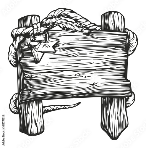 Vintage Wooden Signboard with Rope Details and Tag Illustration