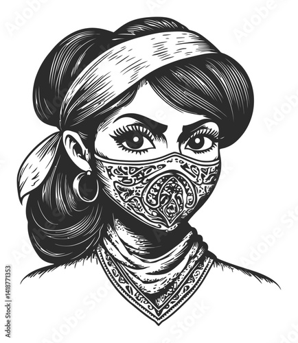 Intricate Woodcut Illustration of a Woman with Decorative Mask