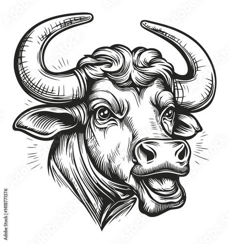 Detailed Bull Head Drawing in Vintage Engraving Style