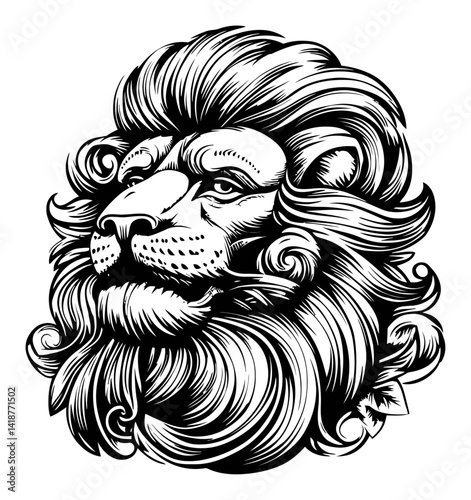 Detailed Illustration of a Lion's Head in Engraving Style
