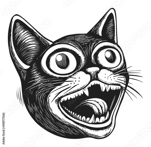 Playful Cat Illustration in Bold Engraved Style with Exaggerated Features
