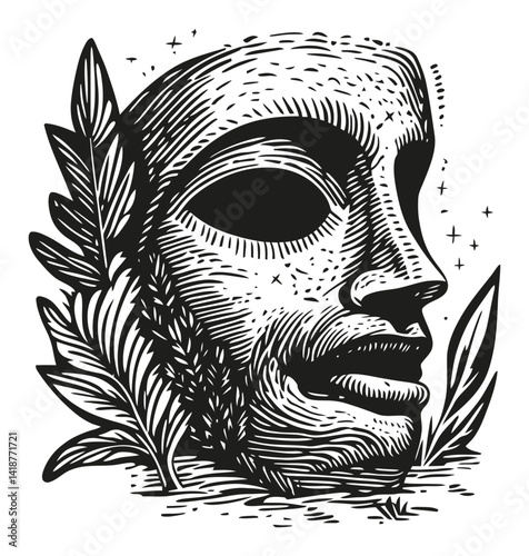 Intricate Engraving of a Human Face Surrounded by Leaves and Stars