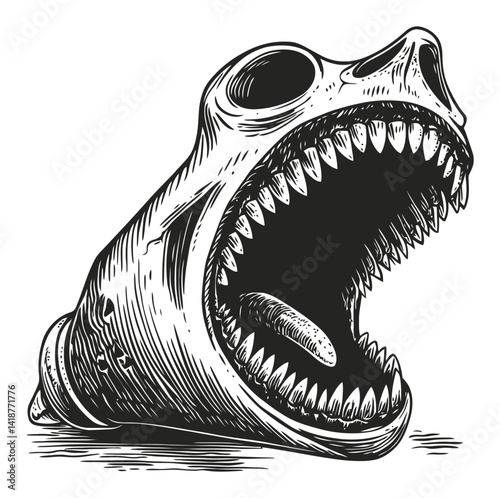 Detailed Engraving of a Skull with Sharp Teeth and Open Mouth