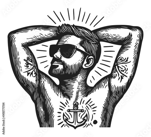 Vintage Man with Sunglasses and Anchor Tattoo Woodcut Design