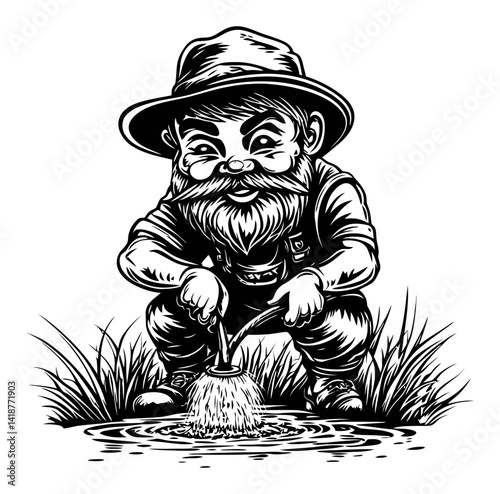 Vintage Engraving of a Bearded Man Fishing by a Pond