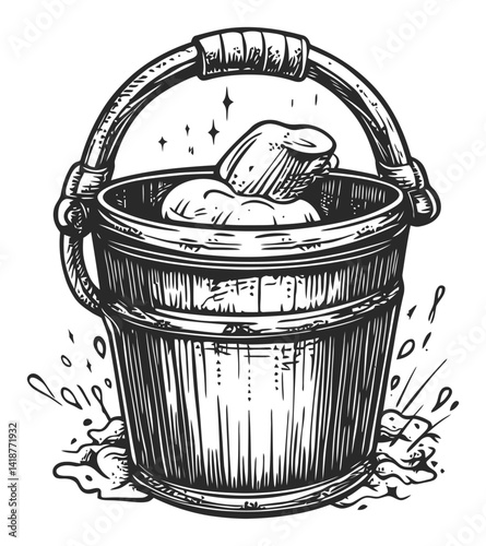 Vintage Engraving of a Wooden Bucket with Ice and Water Splash