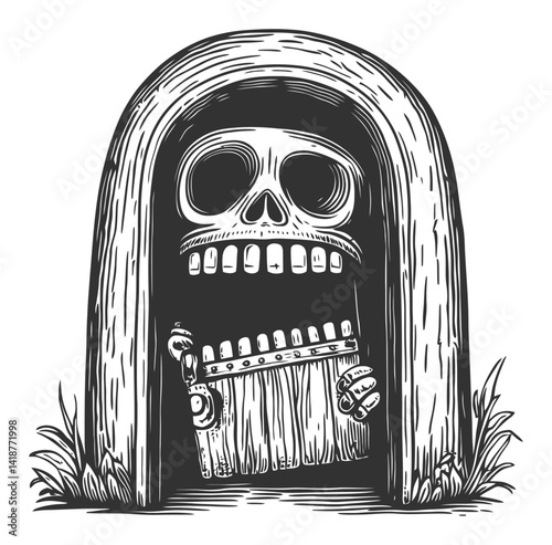 Skull Design Appearing from Door in Vintage Engraving Style
