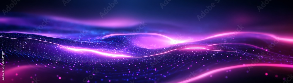 Fototapeta premium Vibrant abstract waves of purple and blue light with glowing particles.