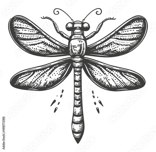 Intricate Engraving of a Dragonfly in Vintage Woodcut Style