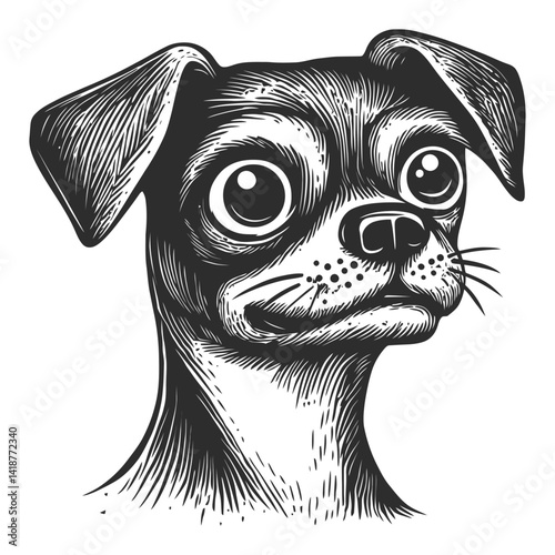 Illustrative Woodcut Style Dog Portrait with Distinctive Features