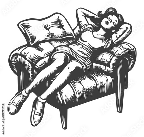 Vintage Drawing of a Woman Relaxing on an Elegant Couch