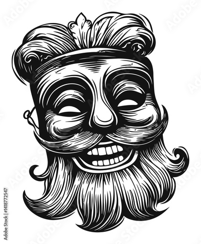 Black and White Engraving of a Smiling Bearded Face Illustration