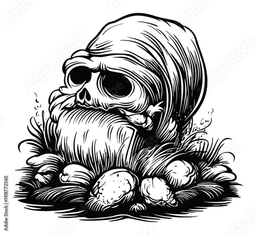 Detailed Engraving of Skull Surrounded by Rocks and Grass