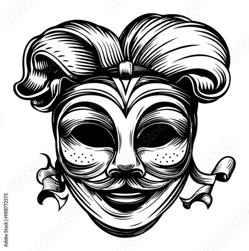 Intricate Engraving of a Vintage Mask with Artistic Details