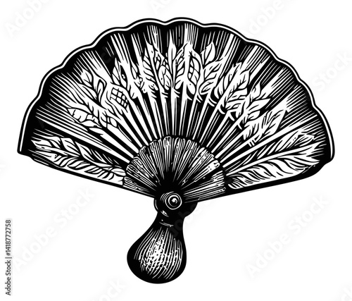Intricate Vintage Fan Design Engraving with Natural Elements