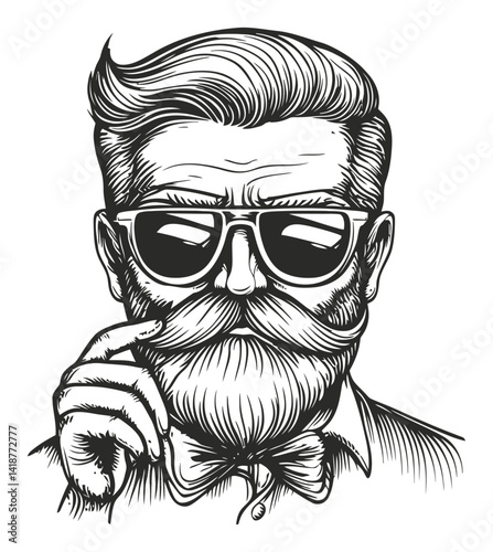 Vintage Engraving of a Stylish Man with Beard and Sunglasses