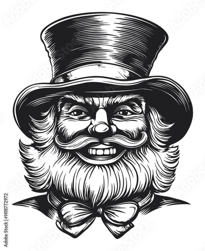 Vintage Engraving of a Cheerful Hat-Wearing Man with Beard