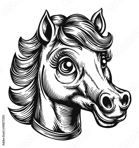 Vintage Style Engraved Horse Head Illustration in Black and White