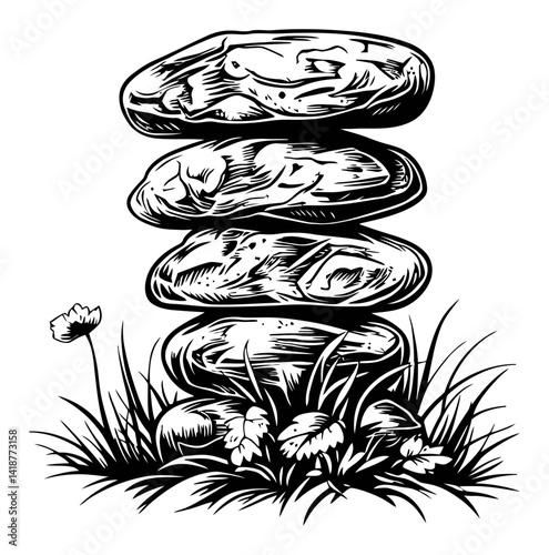 Four Balancing Stones Engraving with Grass and Flower Design