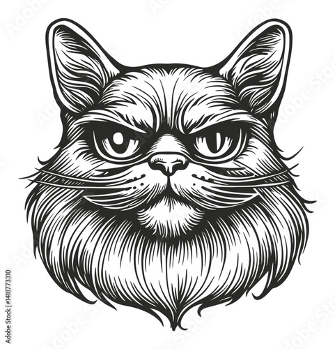 Intricate Black and White Engraving of a Cat Face with Detailed Fur