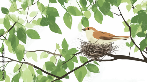 A digital illustration depicts a light brown bird perched in a carefully rendered nest nested among the bright green foliage of a tree. The leaves are depicted in varying shades of light and dark.