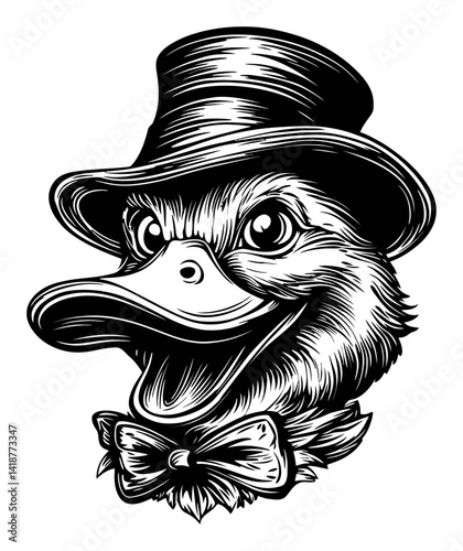 Vintage Duck Illustration with Top Hat and Bow Tie in Engraving Style