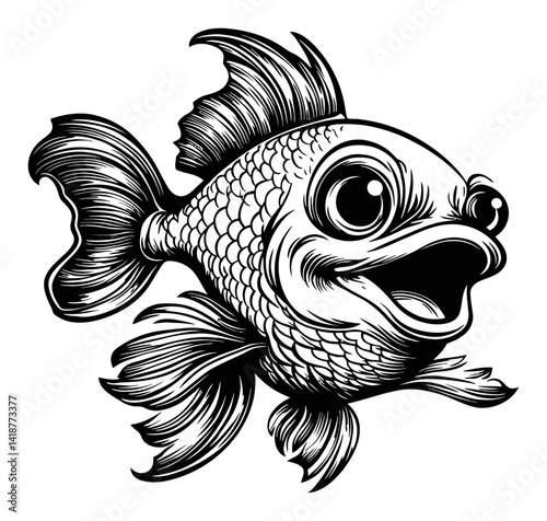 Vintage Engraving of a Happy Cartoon Fish with Exaggerated Features
