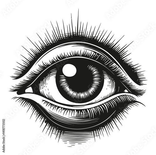 Detailed Black and White Engraving of an Eye with Radiating Lines