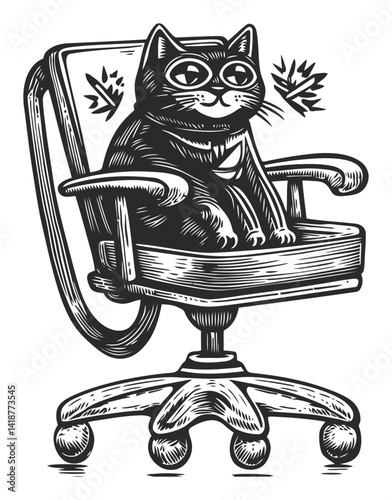 Playful Cat in an Office Chair Engraving Inspired by Woodcut Art