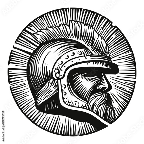 Detailed Engraving of a Roman Gladiator with Dramatic Sunburst