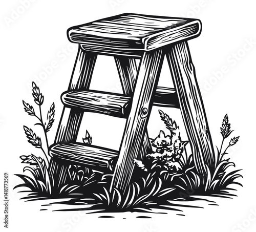 Antique Wooden Step Stool Engraving Surrounded by Wild Grass
