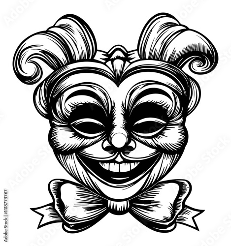 Vintage Clown Face Engraving with Bow Tie in Bold Black Lines
