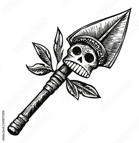 Intricate Woodcut Illustration of a Skull Spear with Leaves Ornamentation