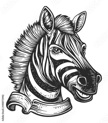 Detailed Engraving of a Zebra Head with Classic Woodcut Style