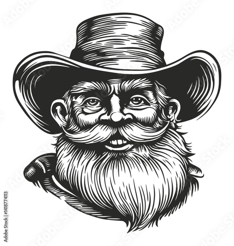 Engraved Portrait of a Cheerful Bearded Man in a Wide-Brim Hat