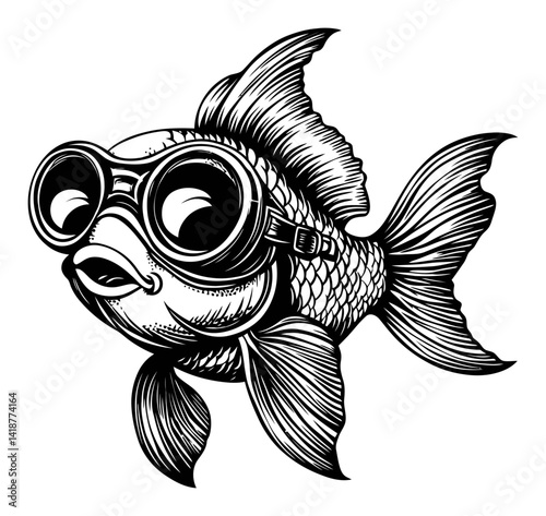 Vintage Engraved Fish Illustration with Diving Goggles Design