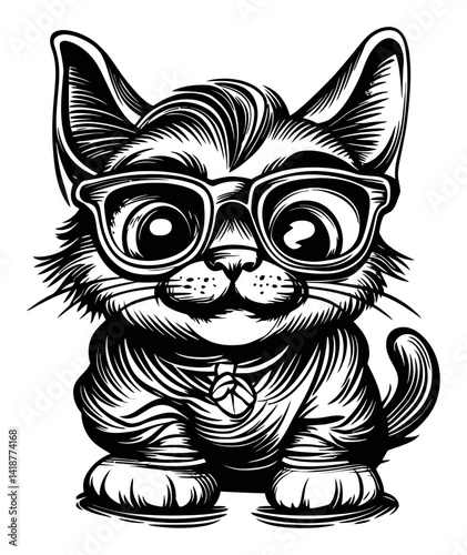Cute Cat Illustration with Glasses in Engraving Style Art