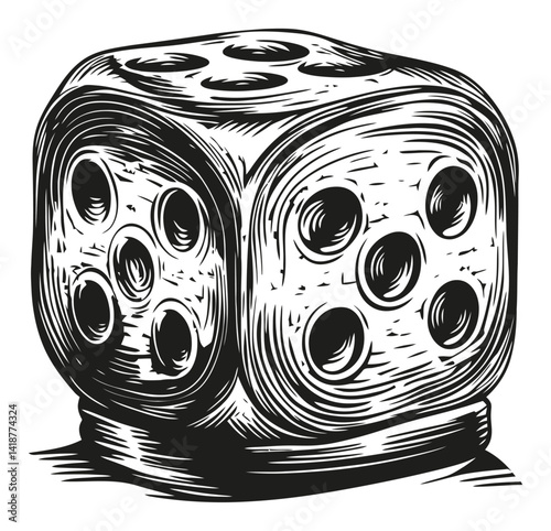 Detailed Woodcut Illustration of a Six-Sided Die with Pips