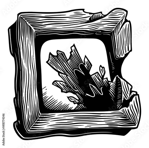 Detailed Engraving of a Fractured Wood Frame Design