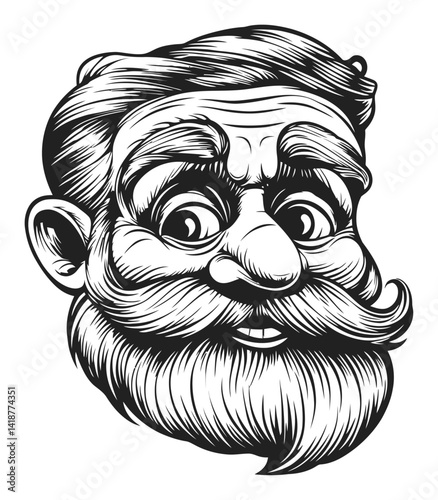 Vintage Engraving of a Cheerful Man with a Mustache and Beard