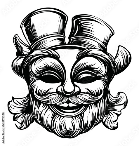 Vintage Engraved Mask with Two Hats and Smiling Expression