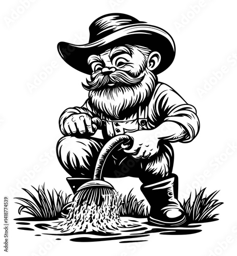 Vintage Engraving of Bearded Farmer with Watering Can in Garden