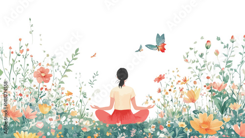This digital illustration shows a woman meditating in the lotus position amidst a lush garden.